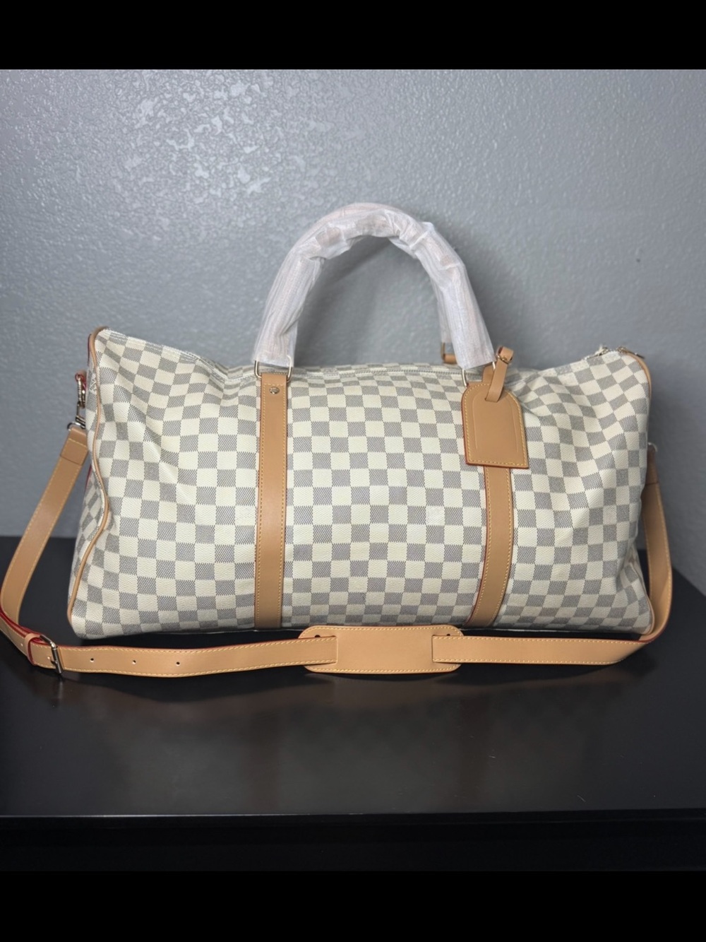 Checkered Cream & Tan Duffle Bag